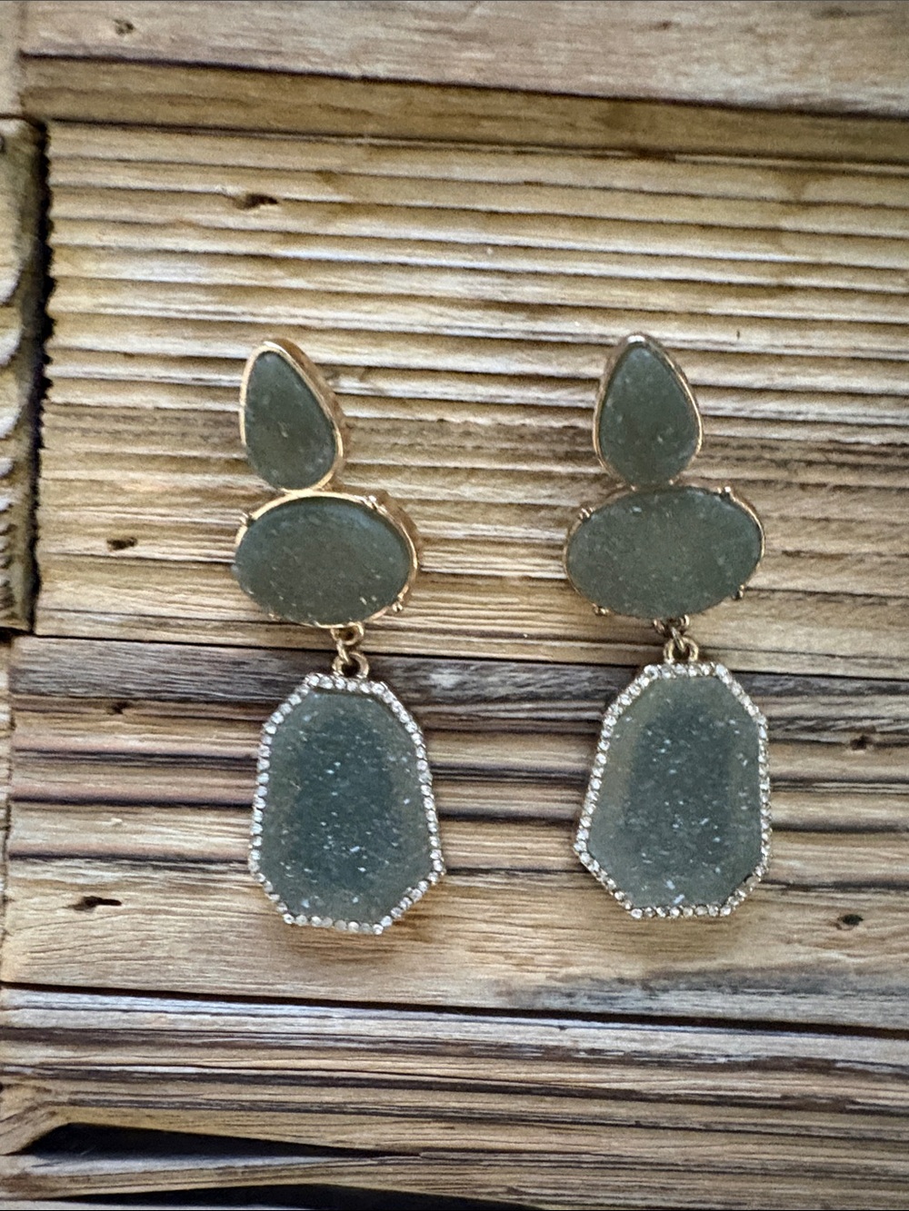 BaubleBar Olive Green Druzy Drop Earrings with Gold Trim